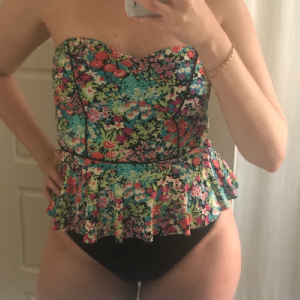 Floral Peplum Structured Bikini Tankini Top Swim Swimsuit Flowers Strap Summer
